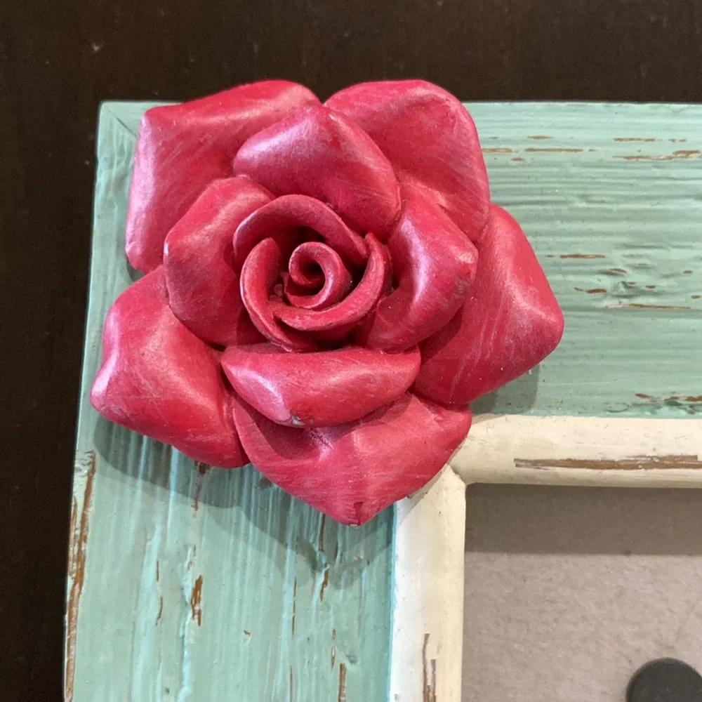 Belique Mint Green Distressed Wood Photo Frame with Pink Rose Accent!